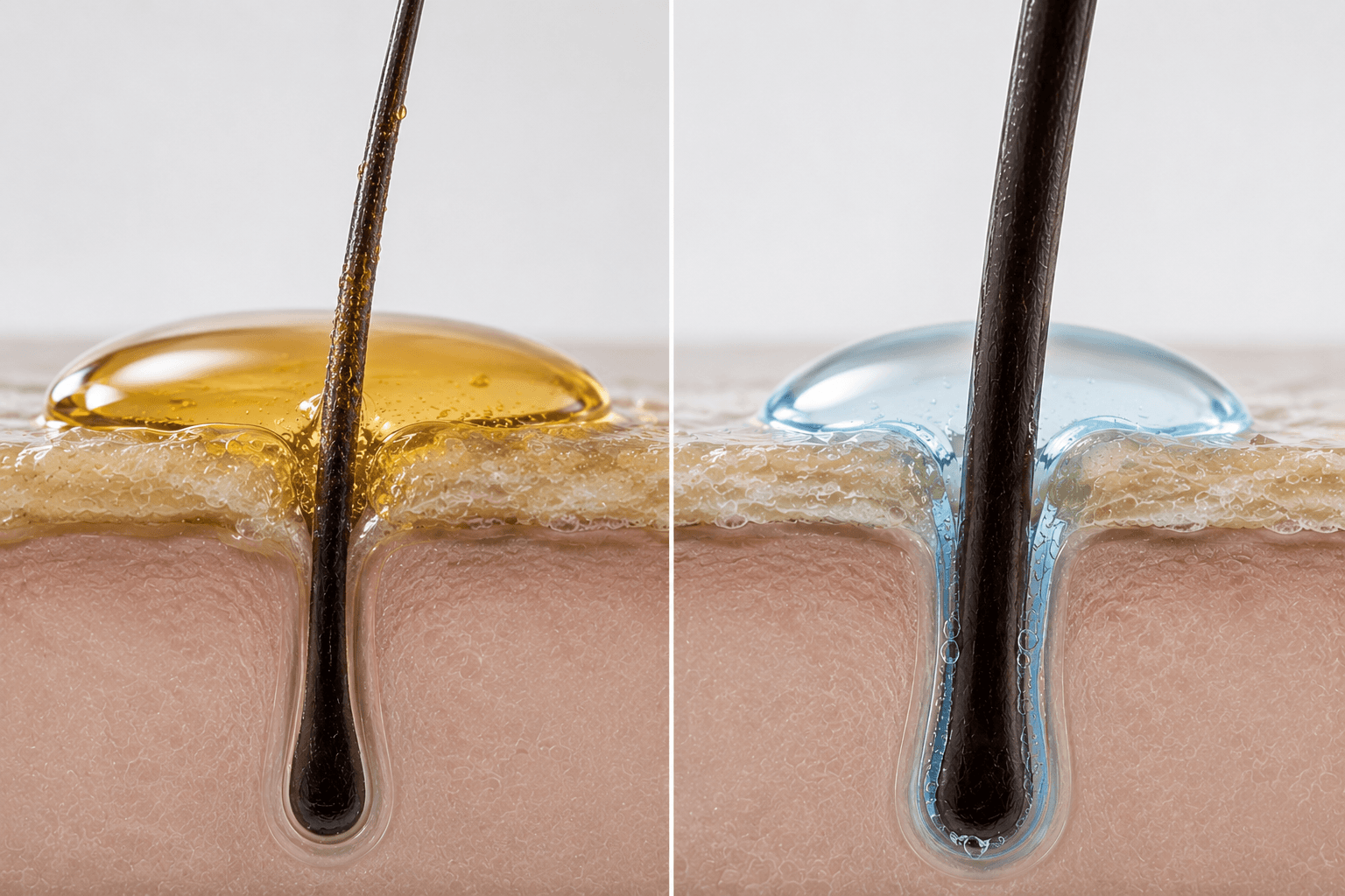 Diagram comparing oil-based products sitting on scalp buildup versus a water-based serum reaching the scalp