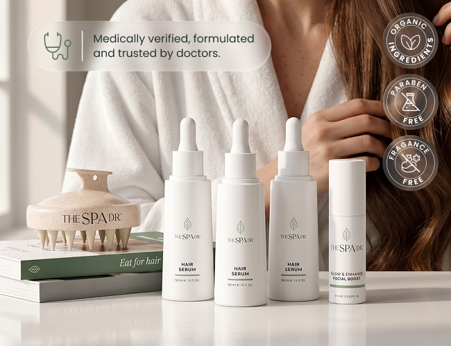 The Spa Dr. Hair Serum product set with medical verification and quality seals