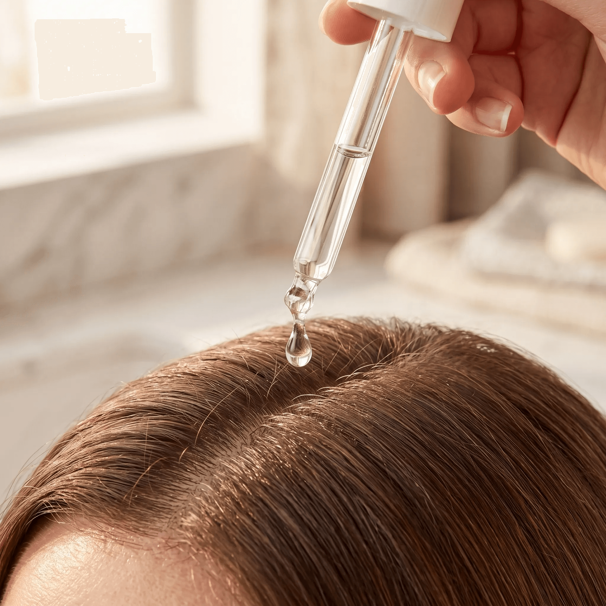 Dropper applying water-based hair serum to the scalp