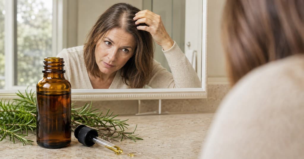 Woman examining her thinning hair in the mirror beside an amber rosemary oil bottle