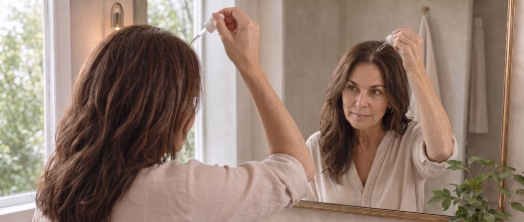 Woman applying water-based hair serum to her scalp with a dropper at the mirror
