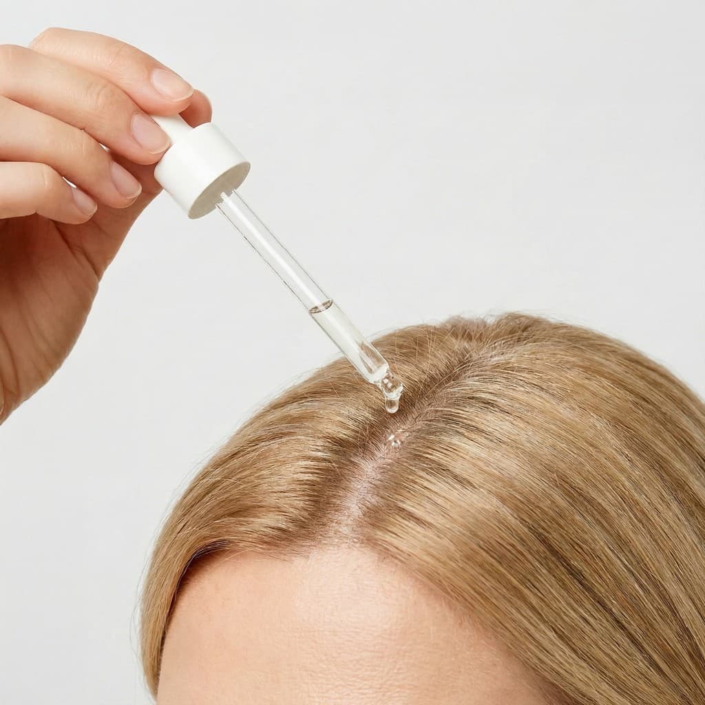 Applying hair serum to scalp with dropper